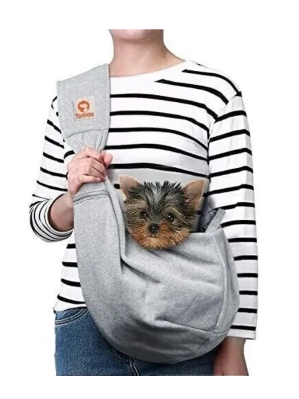 Tomkas Gray Pet Sling Carrier with Logo - Hands-Free Dog Sling